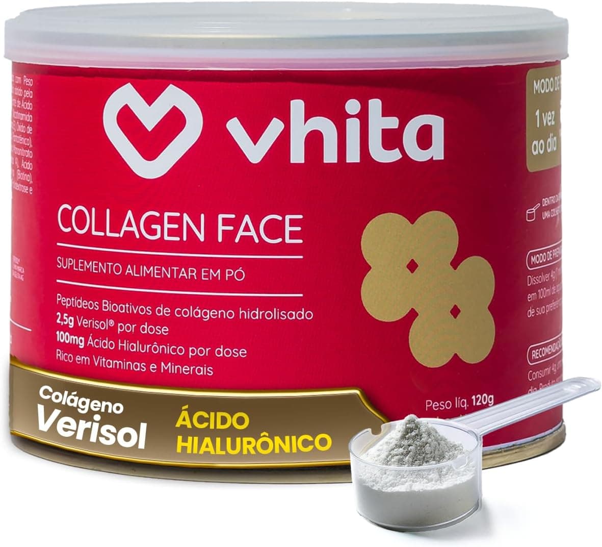 Vhita Colágeno Hidrolisado Verisol Com Ácido Hialuronico Em Pó Neutro 120gr - 3 Potes