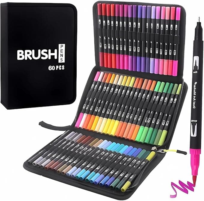 Kit Canetinhas Coloridas 60 Cores com Pontas Duplas, Conjunto Caneta Brush para Livros de Colorir para Crianças e Adultos, Canetinha Brush para Desenho, Ponta Fina e Pincel (60 cores)