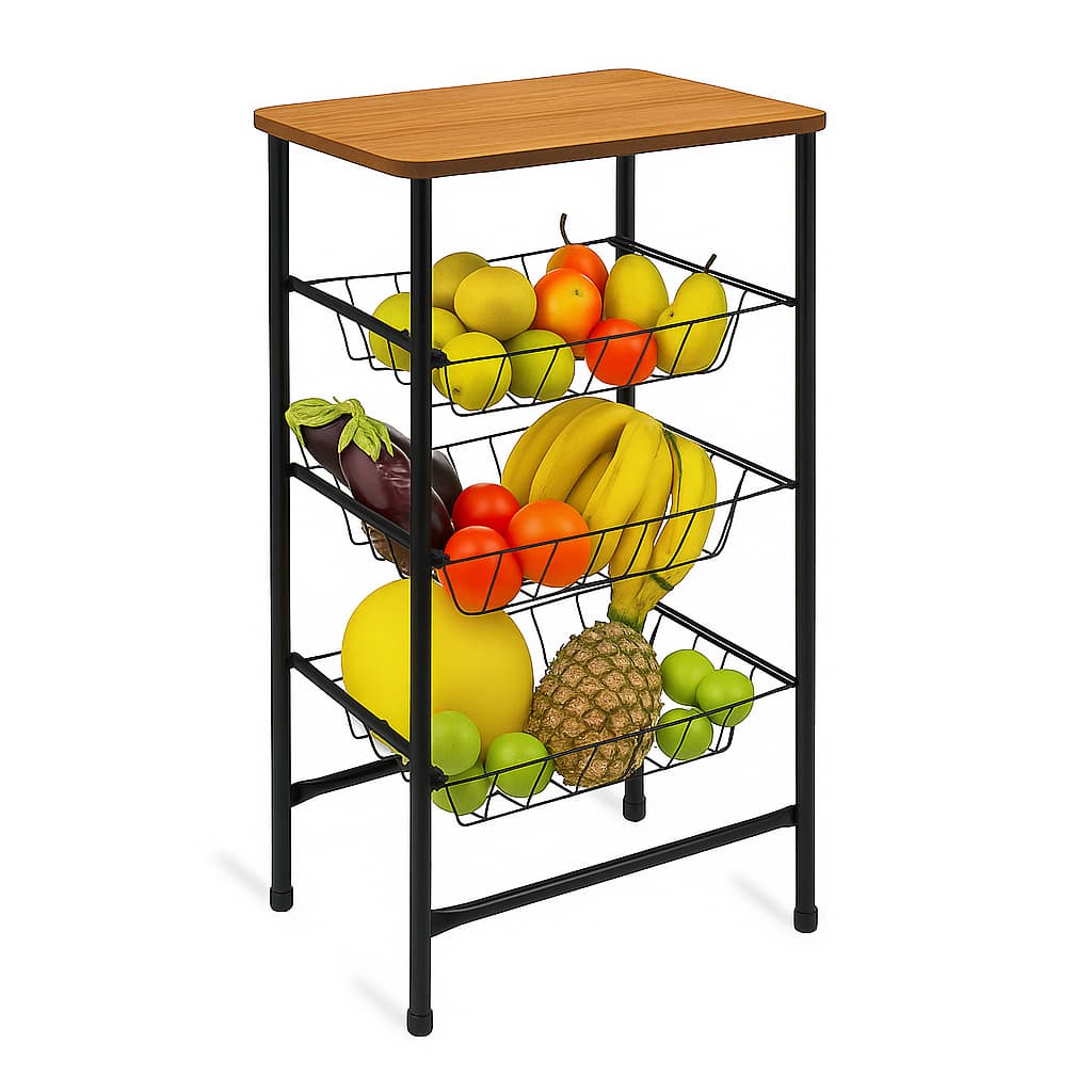 Fruteira de Chão Tigor Shop 3 Andares - Aço Resistente com Tampo de Madeira